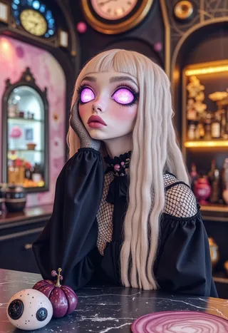 A surreal girl with ash blonde hair and purple glowing eyes sitting at a bar inside an eldritchtech-themed pub, wearing fishnets and black attire, surrounded by mysterious decorations.