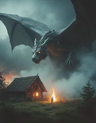 A dark fantasy scene with a large dragon flying over farmland, blowing fire at a wooden cottage under a smoky, cloudy sky with a grim atmosphere.