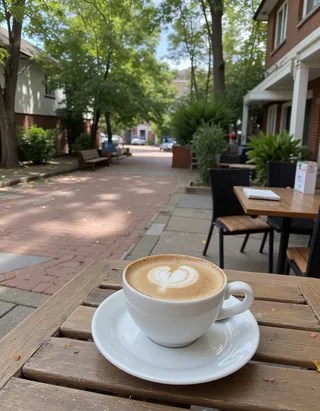 Cup of cappuccino with latte art on a white saucer sitting on a wooden table at an outdoor cafe, with a brick paved street, oak trees, and leaves on the ground in the background on a sunny day.