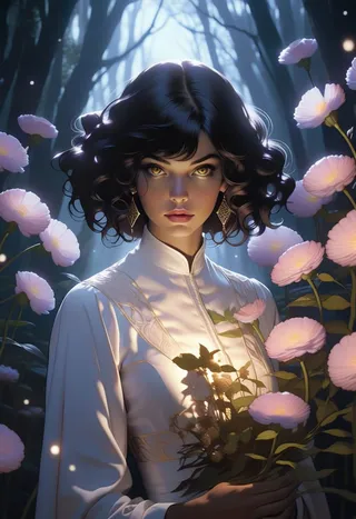 A dark-skinned herbalist with short curly black hair and yellow eyes stands in a moonlit meadow surrounded by pink magical herbs, illuminated by dramatic lighting.