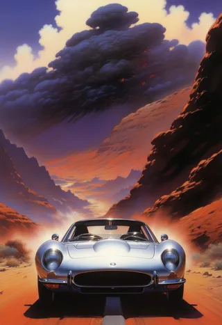 Anime style image by Noriyoshi Ohrai featuring a classic silver sports car driving down a desert highway at sunset, surrounded by dramatic mountainous landscape and dark, billowing clouds.