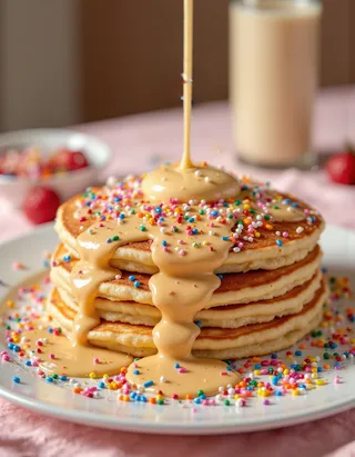 Stack of fluffy pancakes topped with creamy condensed milk pouring over the sides and colorful rainbow sprinkles scattered on top and around the plate.