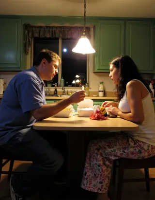 A man in a blue collar shirt and jeans and a woman in a white tank top and floral pajama pants eat Chinese takeout at a kitchen table lit by a hanging light, with green cabinets and a moonlit window in the background.