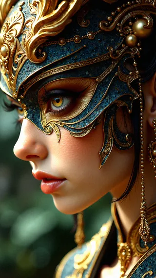 Close-up portrait of a woman wearing an ornate gold-embellished blue mask with dragon-like features and realistic detailed reflections.