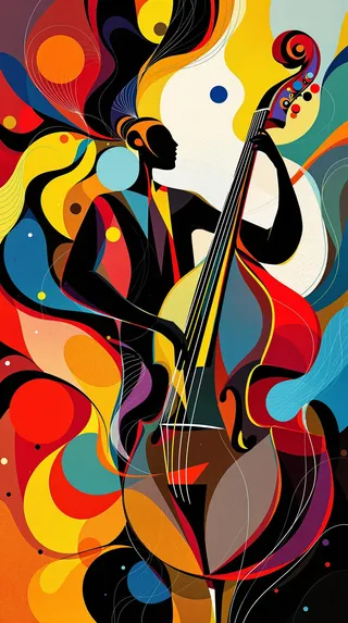 Vibrant abstract illustration of a stylized human figure playing a double bass, featuring bold colors and fluid geometric shapes.