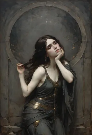 A melancholic female figure resembling Atlas in a classical John William Waterhouse style, with dark drapery, gold accents, and a somber, bleak background.