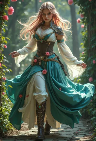 A noble botanist mage with flowing rose-pink hair and emerald eyes, dressed in an elaborate corseted dress with teal and white layers, casting a botanical spell amid a rose-adorned forest path.
