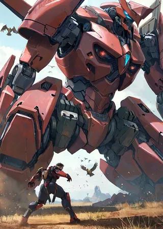 Close-up of a giant red mecha in fighting stance looking at a bird perched on its hand with a warrior in armor ready to fight nearby in a landscape setting.