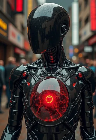 A photorealistic black-armored cyborg with a smooth faceless helmet and a glowing red core on its chest, standing in a blurred urban street.