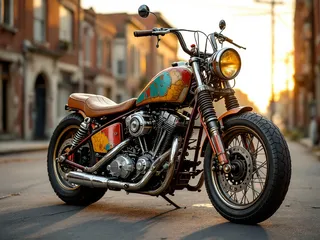A vintage 1960s-inspired motorcycle featuring a worn leather saddle, colorful distressed paint with nostalgic memorabilia patterns, and retro chrome pipes, set on an urban street bathed in warm golden light.