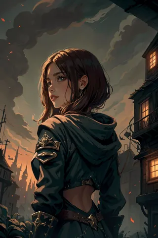 Portrait of a Swedish woman with brown layered hair and brown eyes, dressed in a green hauberk with coal-powered steampunk elements, wielding an ancient warhammer, standing outdoors at dusk with tall buildings of a forgotten colony in the background.
