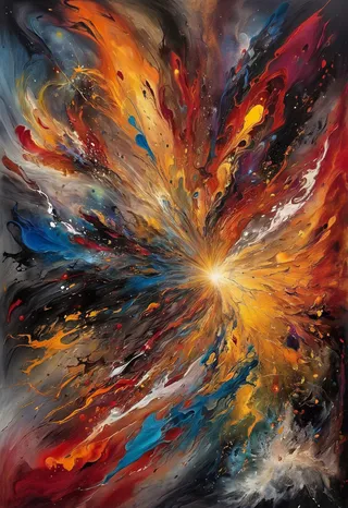 A vivid abstract expressionist painting showcasing a powerful burst of energy with swirling colors of orange, red, blue, yellow, and black, symbolizing Jungian archetypal forces and ancient wisdom in turbulent motion.
