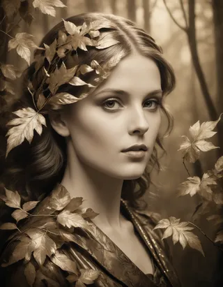 Portrait of an elegant woman surrounded by sepia-toned leaves with woods background in a spray paint style and reflected light.