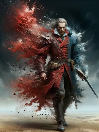 A dramatic digital painting of a warrior with a dynamically dissolving coat in red and blue hues, holding a pistol and surrounded by smoke and debris.