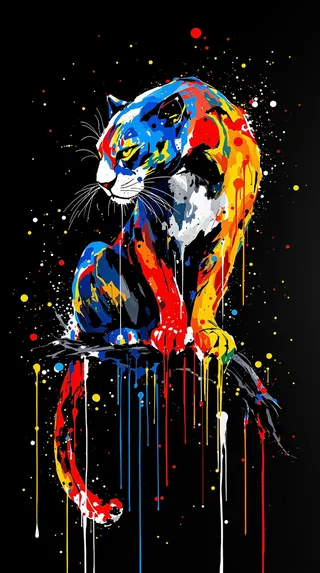 Colorful abstract panther perched on a branch, depicted with vibrant dripping paint strokes and splatters on a black background.