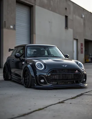 Matte black Mini Cooper with low suspension, high-end wheels, tinted windows, and LED headlights parked in an urban alley.