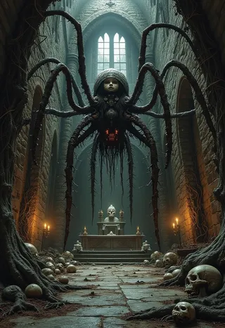 A nightmarish giant spider with a doll-like face hanging inside a decrepit Gothic church, surrounded by twisted roots, skulls, and dim candlelight.