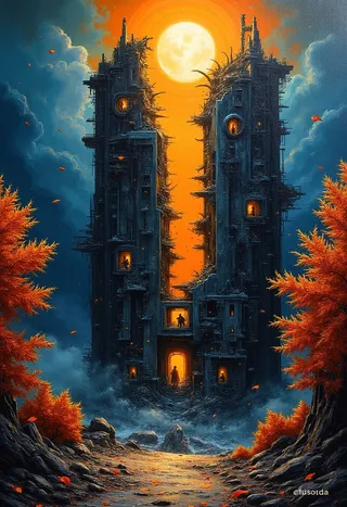 A surreal acrylic painting of a dark, fragmented building with jagged edges, illuminated by a vibrant sunburst and framed by bright orange autumn leaves under a blue sky.