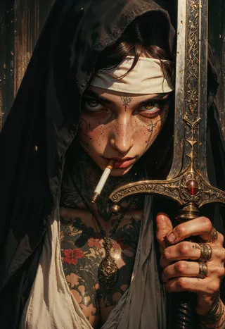 Realistic portrait of a rebellious nun with intricate tattoos, holding an ornate longsword and a cigarette between her lips, showing an intense gaze and weathered skin.