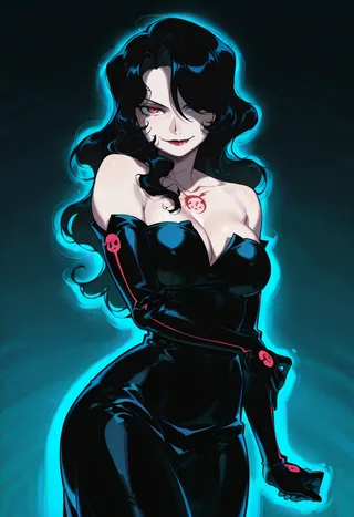 Lust from Fullmetal Alchemist with long black hair, red eyes, a seductive smile, wearing a glossy black dress and gloves displaying her chest tattoo and cleavage.