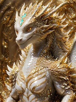 A detailed gold dragon with gleaming diamond-like scales and golden accents, radiating light with intricate pearl filigree and hyperdetailed texture.