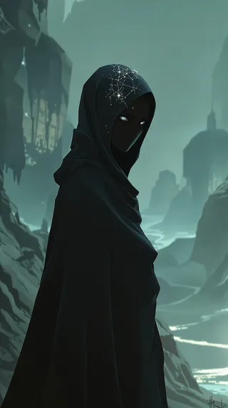 A mysterious, cloaked figure with glowing eyes partially hidden by a dark mask standing in a surreal, misty landscape with distorted rock formations and low-key lighting.