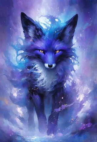 Closeup of a mystical void fox with rich blue and purple hues in a watercolored impressionist style, featuring intricate symmetrical void details.