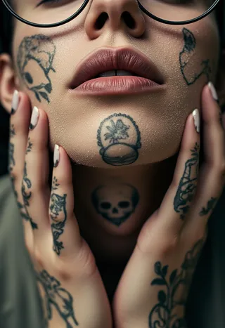 Close-up photograph of a tattooed woman’s lower face and hands, wearing glasses, showing detailed skull and botanical tattoos with realistic skin texture and bokeh background.