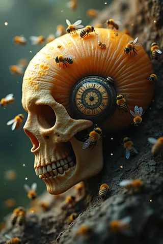 A hyper-detailed snail with a human skull shell holding a cracked pocket watch surrounded by numerous bees crawling and flying, with a honeycomb pattern visible on a textured surface.