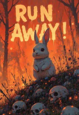 White rabbit standing on a pile of skulls and bones with a fiery red-orange background and bold flaming text reading 'RUN AWAY!'