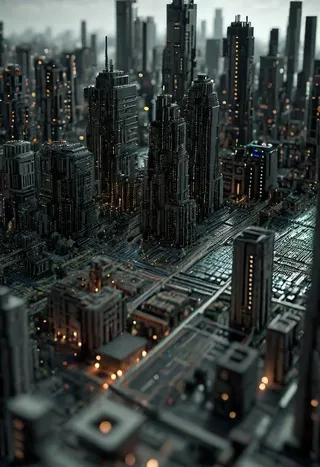 Detailed Minecraft-style city featuring tall skyscrapers, industrial factories, roads with traffic, depicted in high resolution with depth of field and vignette effects.