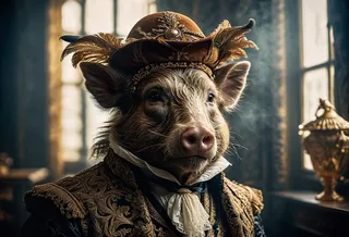 Hyper-realistic portrait of a wild boar wearing an elaborate 18th-century men's outfit including an ornate waistcoat, ruffled cravat, and a feathered tricorn hat in a richly detailed setting.