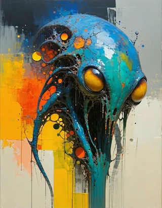 Hyper detailed biomorphic dystopian creature with large yellow eyes, blue organic textured skin, set against an abstract background inspired by Mark Rothko's color blocks.