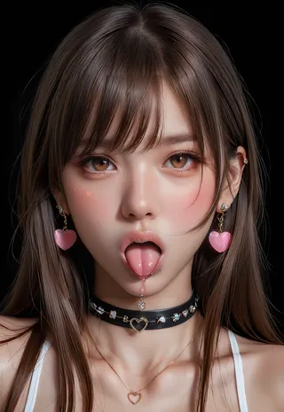 Realistic portrait of a girl with long brown hair and brown eyes, wearing pink heart earrings and a black heart-studded choker, sticking out her tongue with visible saliva.
