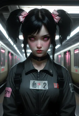 A dark and eerie anime girl with black twintails tied with pink ribbons, pink eyes, and a choker, standing inside a dimly lit metro station with dramatic lighting.