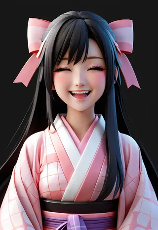 3D anime style portrait of Kamado Nezuko with long black hair and pink ribbons, smiling with closed eyes, dressed in a pink checkered kimono and haori against a black background.