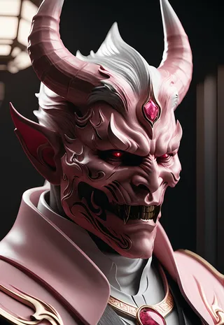 Close-up hyper-realistic image of a delen demon devil character with pink horns, red glowing eyes, intricate facial markings, and elegant sci-fi attire.