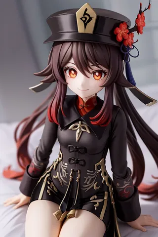 Hutao anime figure sitting with a smile, wearing a black outfit with gold details, a decorative hat with red flowers, and long dark hair with red tips.