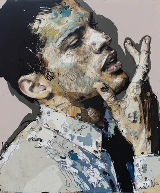 Close-up digital drawing of a person with an expressive face in a semi-realistic and illustrative style with detailed sketch marks and subtle color patches.