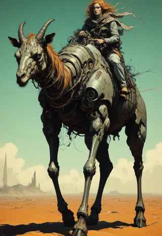 A post-apocalyptic robotic giraffe mech with a red-haired cyborg woman rider crossing an orange sandy desert under a green sky, with distant ruined city silhouettes.