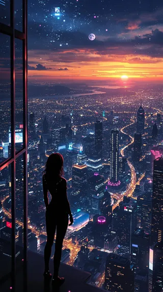 A female silhouette stands on the edge of a skyscraper overlooking a futuristic cityscape at sunset, with colorful city lights and a glowing sky.