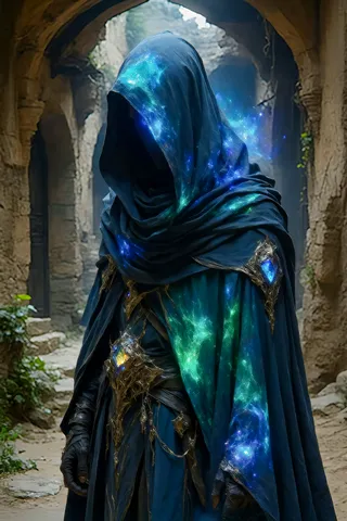 A hooded mystical figure wearing a flowing dark cloak embedded with glowing cosmic star patterns, standing in ancient stone ruins with green plants.