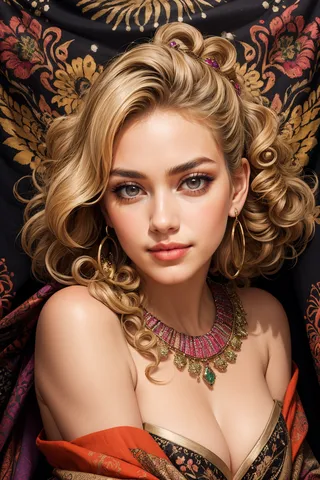 Photorealistic portrait of a fashionable woman with curly blonde hair, ruby eyes, wearing intricate jewelry and vibrant fabrics against a floral tapestry background.