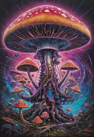 A vibrant psychedelic mushroom with bright orange cap and white spots glowing in a synthwave-inspired, abstract, cosmic background with surreal roots and smaller surrounding mushrooms.