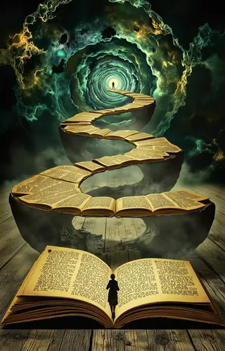 A surreal fantasy scene featuring an illuminated, winding book pathway filled with ancient text and a silhouette figure standing on the pages, set against an ethereal swirling green and gold background above a textured wooden floor.