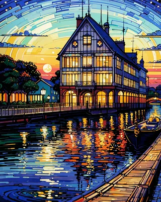 A vibrant waterfront scene in Van Gogh style featuring a large lit building reflecting on a calm canal with a docked boat under a colorful evening sky.