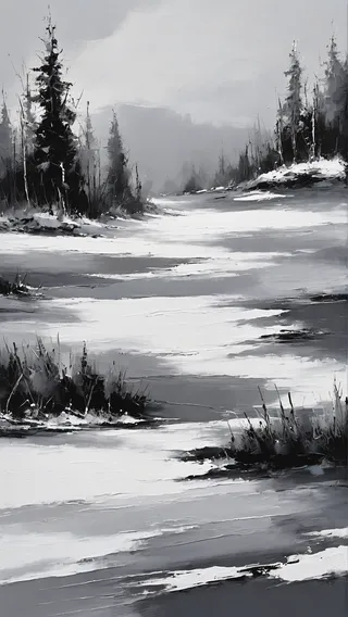 Abstract monochrome winter landscape painting with shades of grey depicting snow-covered field, pine trees, and brush stroke canvas texture