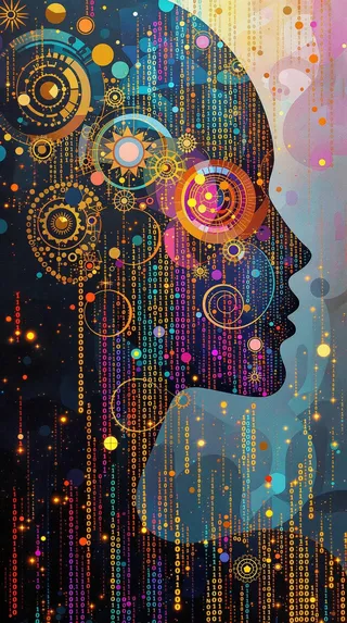 Colorful digital silhouette composed of flowing binary code with geometric and zentangle patterns in vibrant teal, amber, orange, pink, and gold tones.