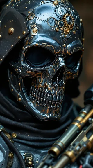 Close-up of a highly detailed skull mask etched with steampunk gears in brass, worn by a soldier in dark-grey combat armor with brass accents, holding a brass-and-steel ballistic weapon.