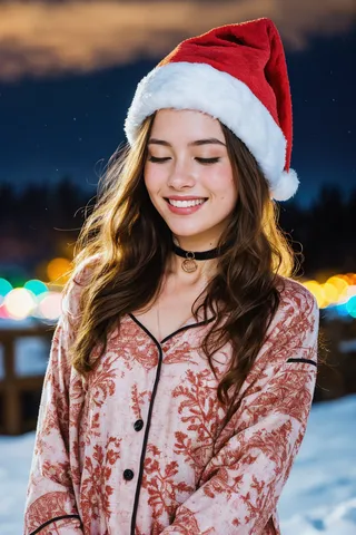 Smiling young woman wearing a red Santa hat and embroidered festive pajamas stands outdoors at night with a snowy park and aurora borealis in the background.